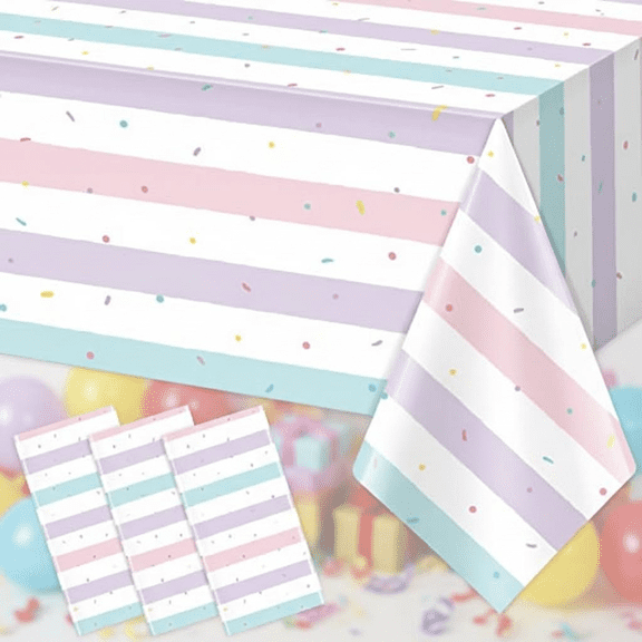 Colorful Ice Cream Sprinkles Plastic Tablecloth Set, 3-Pack Disposable Rectangle Table Covers for Kids Birthday Party, Baby Shower, and Sweet Themed Decorations, 54 x 108 Inches