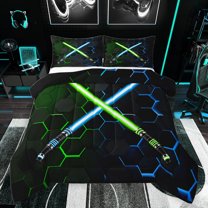 jejeloiu Neon Glowling Lightsaber Bedding Comforter Set,Abstract Geometric Honeycomb Twin Comforter Sets,Green Blue Hexagon Bedding Set For Kids,Luxury Bedroom Decor Reversible,2 Pieces