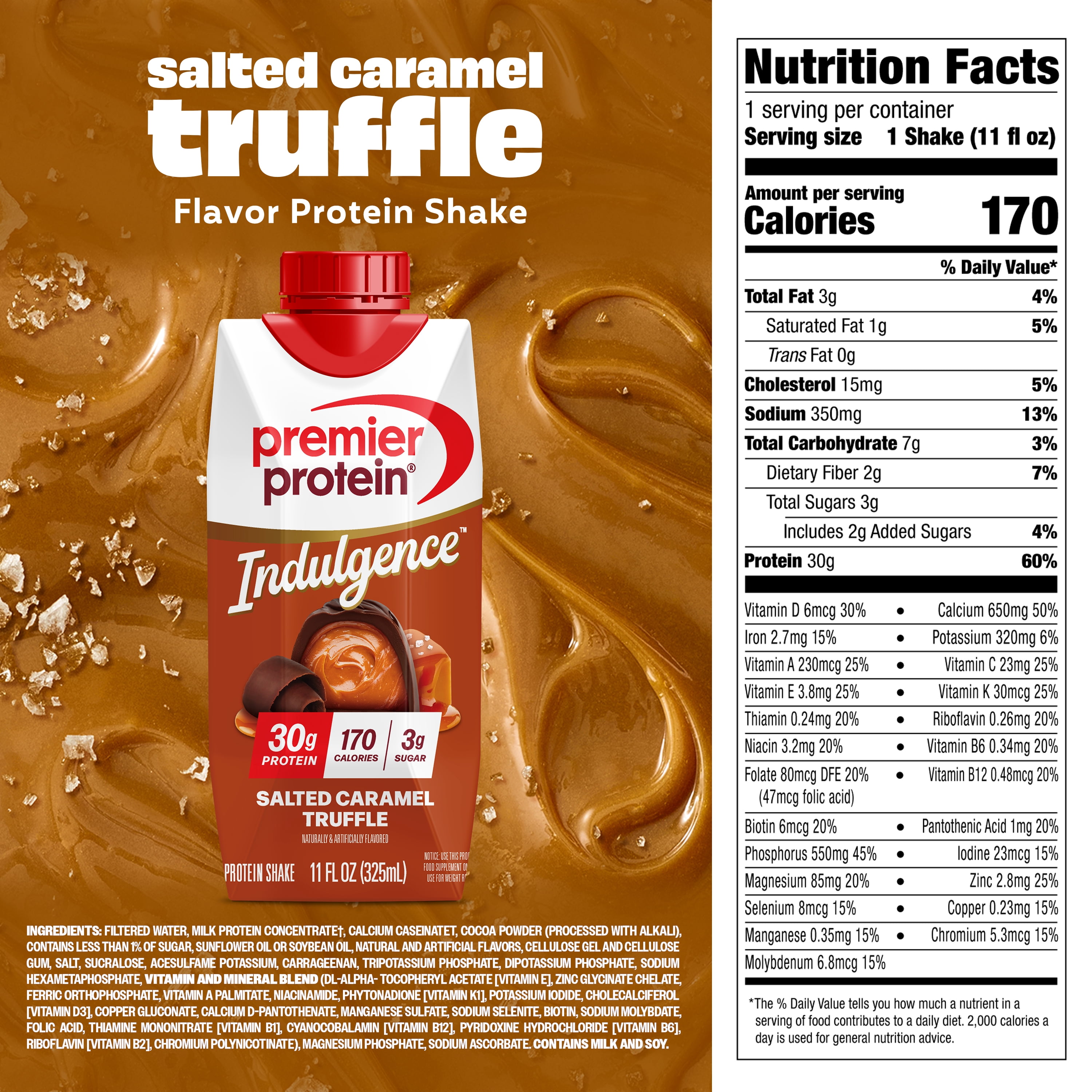 Premier Protein Indulgence Protein Shake, Salted Caramel Truffle, 30g Protein, 11 fl oz, 4 Ct