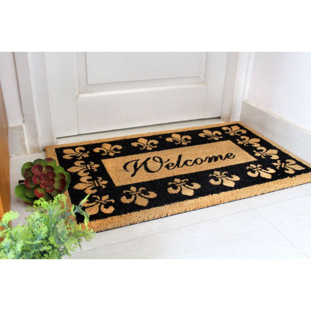 RugSmith Machine Tufted Welcome Fleur De Les Indoor and Outdoor Coir Doormat, 18" x 30"
