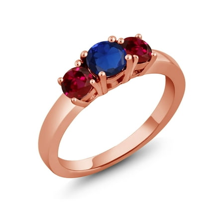 Blue Sapphire Ruby Ring - 18K Rose Gold Plated Silver 1.10 Ct Blue Simulated Sapphire Created Ruby Ring