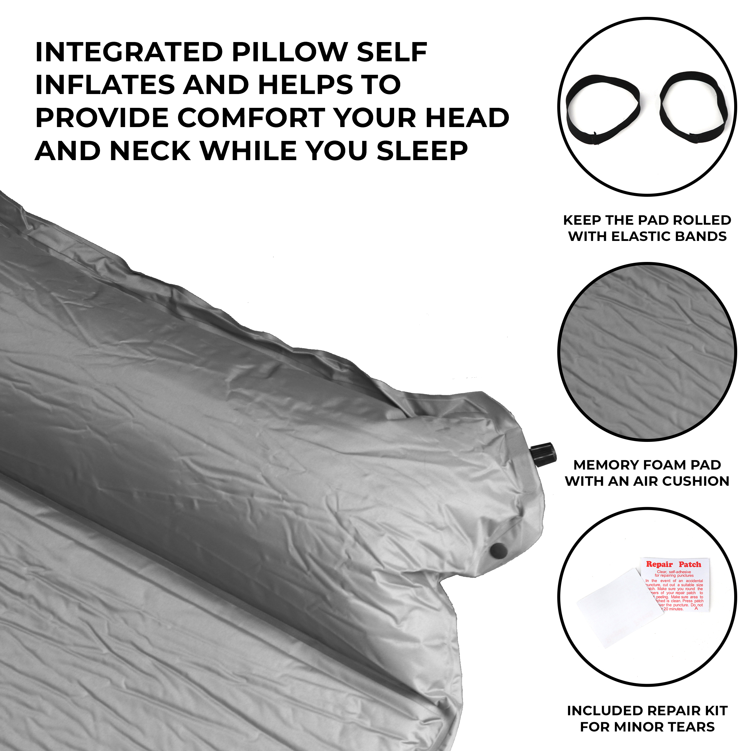 OSAGE RIVER Self Inflating Sleeping Pad with Built-in Pillow, Compact Memory Foam Sleep Mat, Camping Air Mattress for Tent, Travel, Backpacking, or Hiking, Grey - image 3 of 6