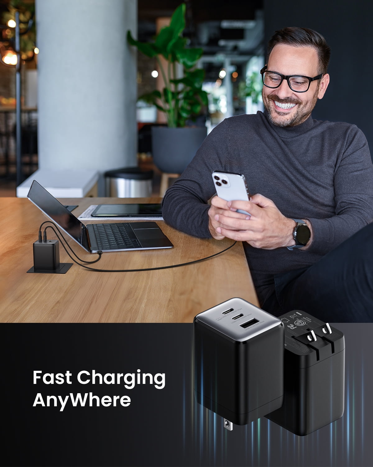 wegear 100W USB C Charger 3-Port GaN Adapter Fast Wall Charger Foldable and Compact for MacBook,Laptops,iPad,iPhone Series,Samsung and More