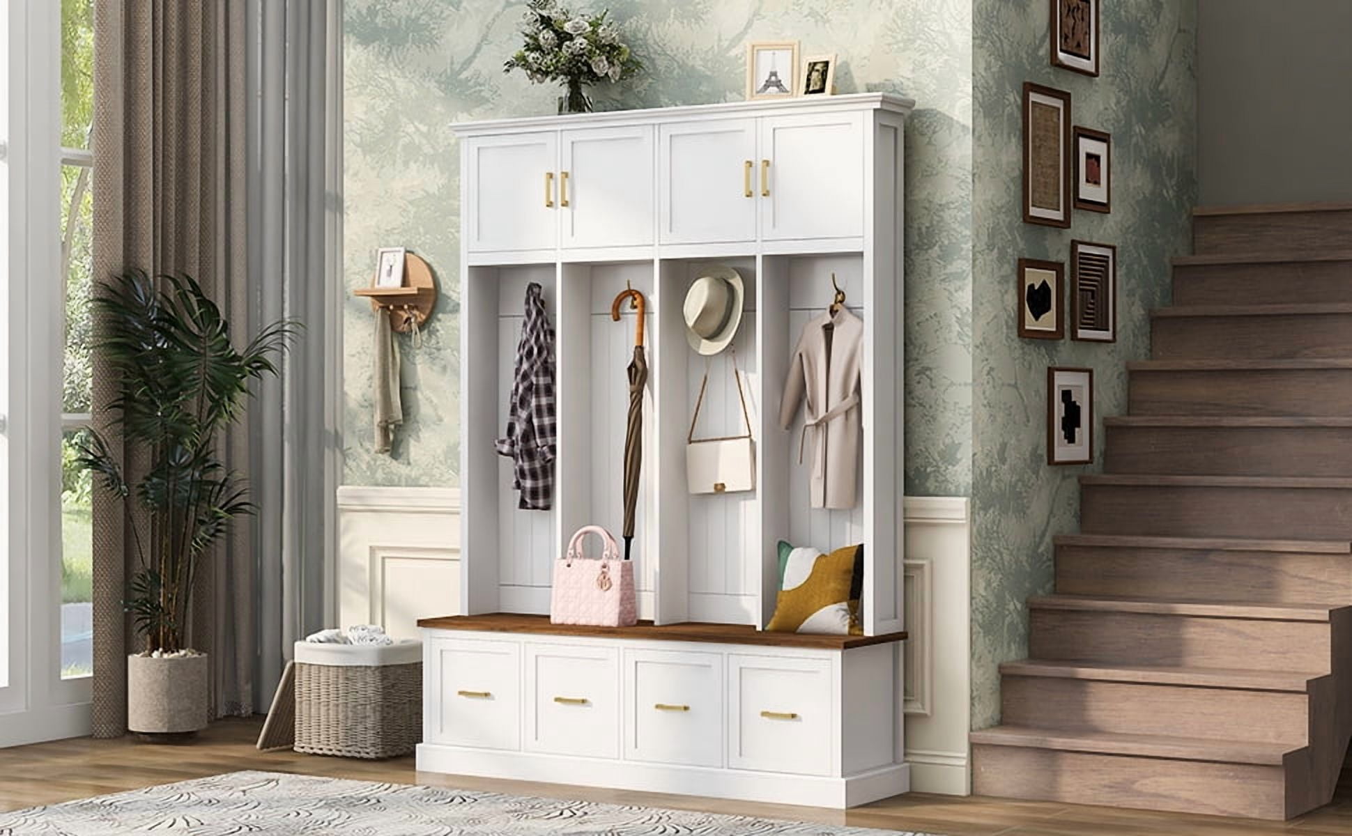 Mintazer 78” Tall Farmhouse Entryway Hall Tree with Coat Rack Hooks, Cabinets, Drawers & Shoe Storage Bench for Living Room, Bedroom, Hallway, White
