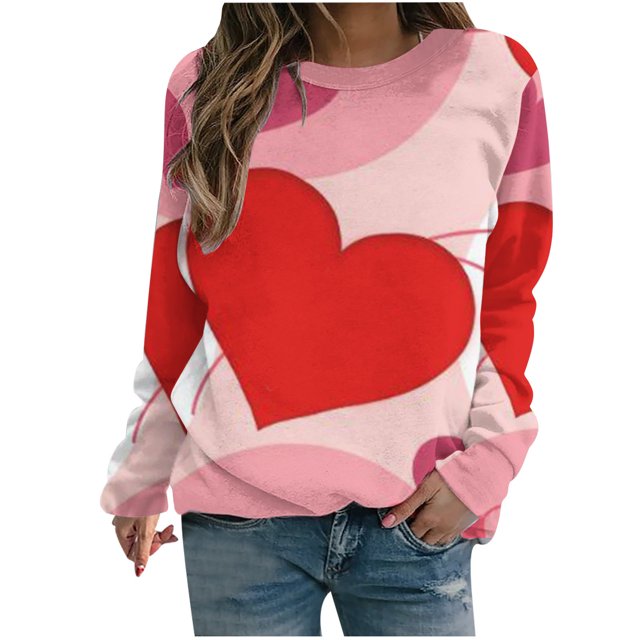 VALMASS Chandails en Molleton de la Saint-Valentin pour Femmes Manches Longues Col Rond Décontracté Mode Ample Blouses (S, Rose-C)