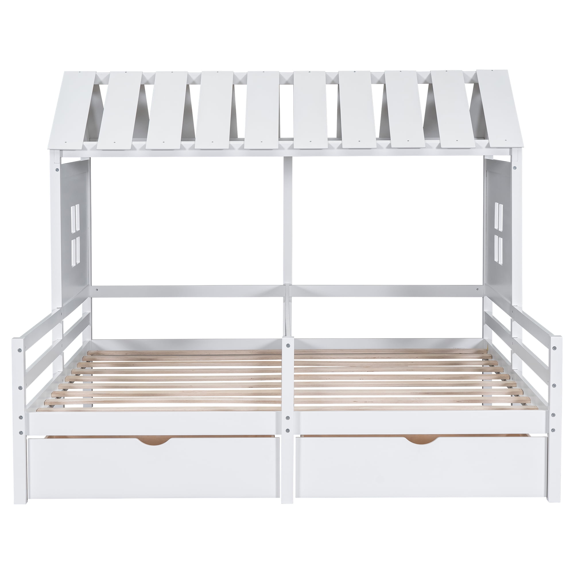 Euroco Twin Size Wood House Double Platform Beds, House Shaped Roof and Windows, 2 Drawers for Kids
