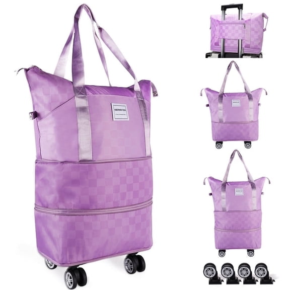NBERMOTION Expandable Rolling Duffle Bag - Large Carry-On With Spinner Wheels, Foldable Weekend Travel Bag, 28-58L Capacity(Purple)
