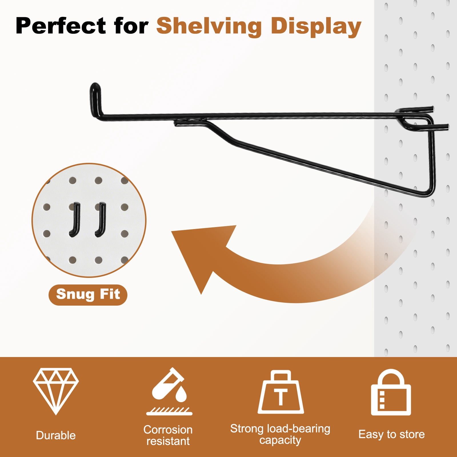 Uxcell 10Pcs Pegboard Shelf Hooks, 6.3 in Peg Board Brackets Heavy Duty Peg Board Shelving Hook Shelves Baskets Brackets 0.12"T  Fit 0.98" Hole Pegboard for Garage, Office, Art Craft