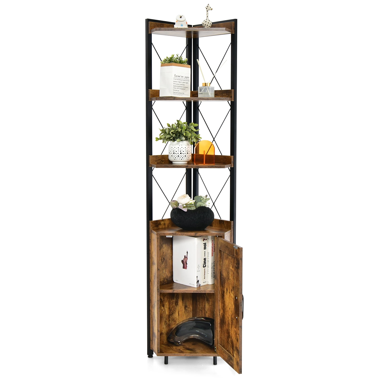 Costway 6-Tier Corner Shelf- Storage Rack Cabinet, Wood Rustic