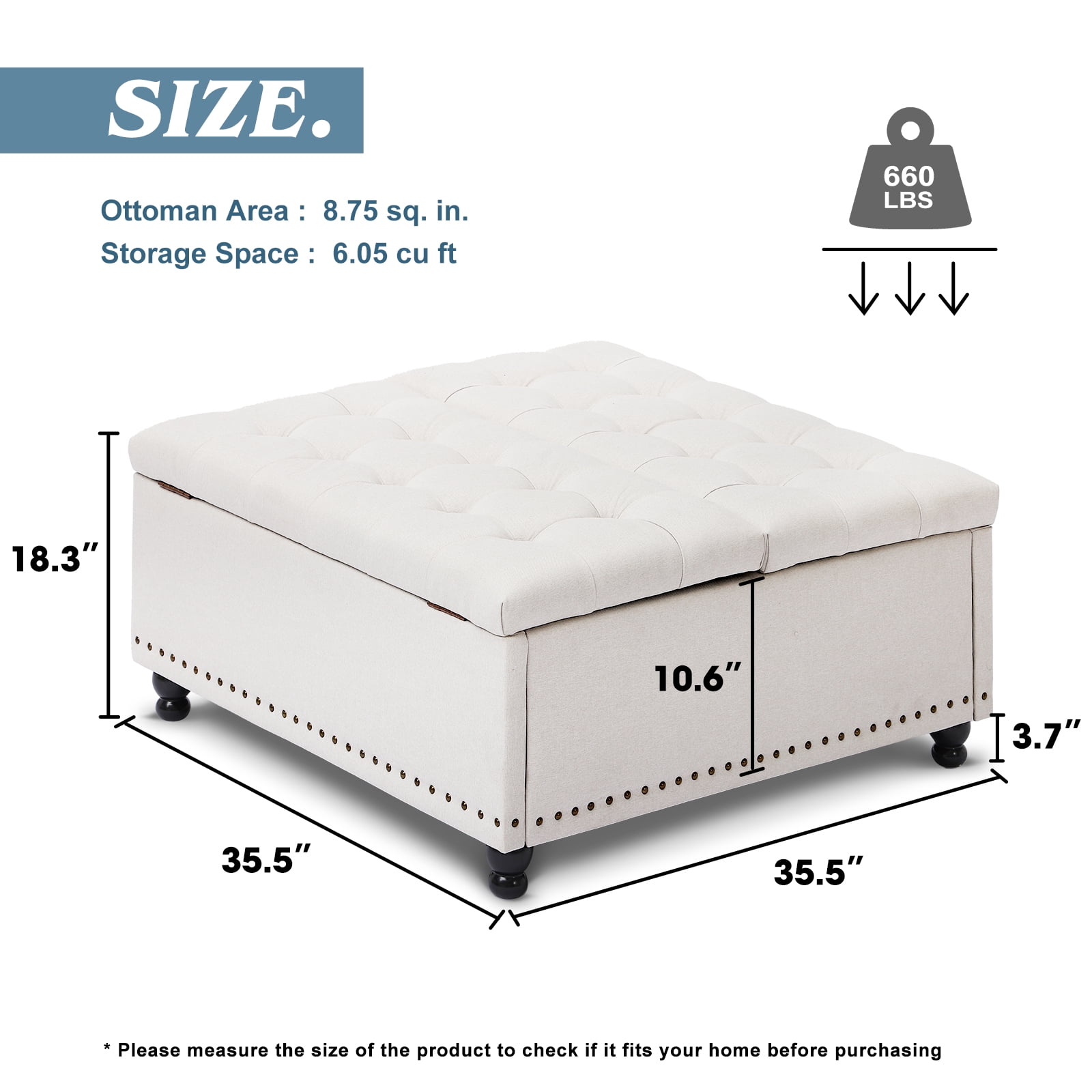 Magic Union 35 Inch Extra Large Ottoman with Storage, Large Square Storage Ottoman Coffee Table with Lift Top Tufted Linen Look upholstered Ottomans for Living Room-White