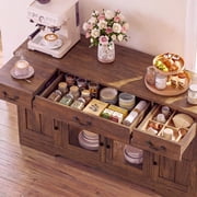 Keenstone Expandable Buffet Cabinet with Storage, 55.1 W Sideboard Cabinet with Drawers and Glass Doors, Coffee Bar Cabinet with Adjustable Shelves, Dark Brown