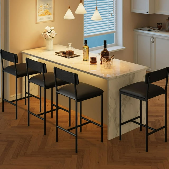 Set of 4 Bar Stools with Footrest, PU Upholstered Counter Height Stools with Back, Rustic Black Kitchen Island Chairs, Easy Assembly for Apartment or Home Bar