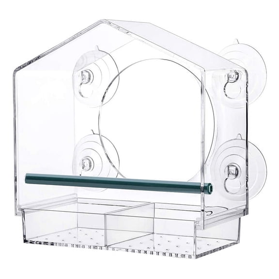 Window Bird Feeder – Acrylic Clear See-Through Design with 4 Locking Suction Cups, 8.1" × 3.9" × 8.5", Removable Tray for Outdoor Use