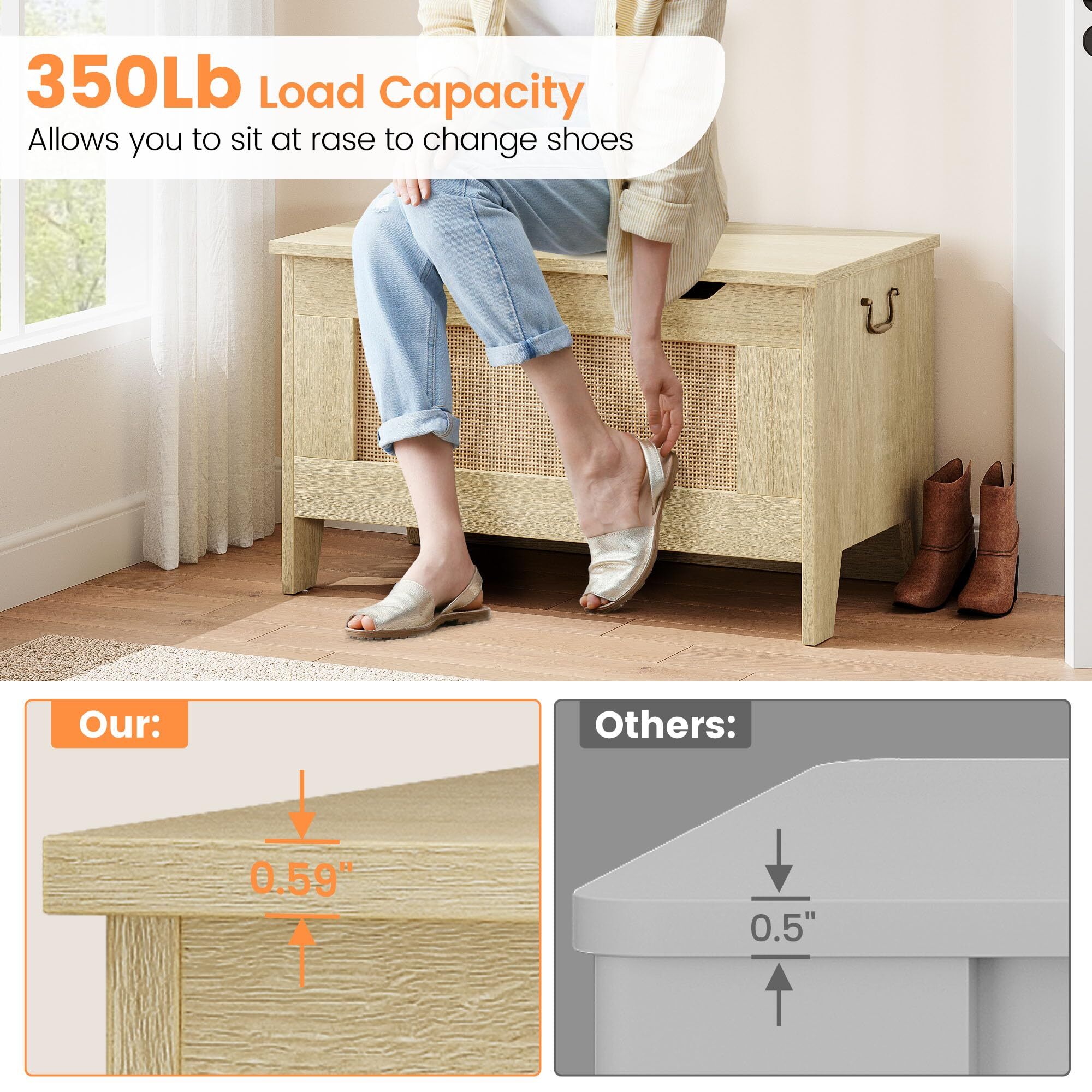 Storage Bench with Safety Hinge, Wood Large Toy Box, Storage Trunk for Entryway, Living Room, Bedroom
