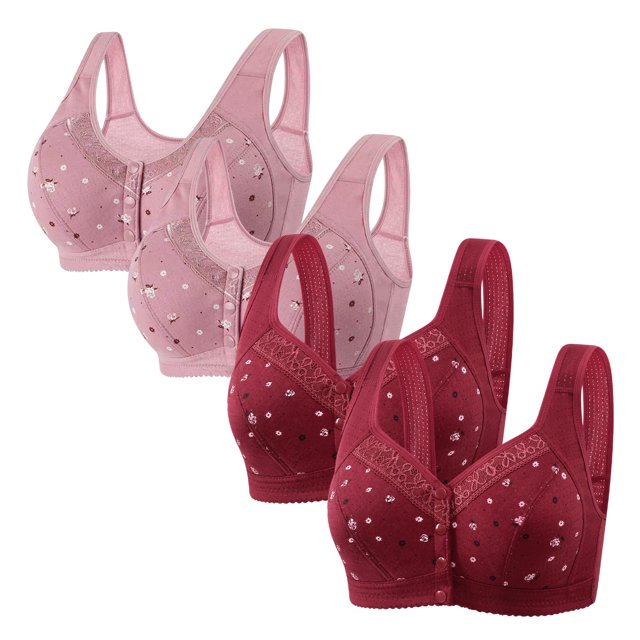 Latrodar Front Closure Bras for Women Bralettes for Women 4-Pack Supportive Bras No Underwire Posture Correcting Comfortable Bralette with Wide Straps Solid Embroidered Underwear Running
