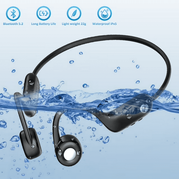 Ustris Open-Ear, Bone Conduction Sport Headphones 5.2 Wireless Bluetooth, Sweat Resistant, Workout Headphones Waterproof Built-in Microphone for Hiking, Cycling, Gym, Outdoor Sports, Hiking Black