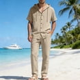 thumbnail image 2 of OGLCCG Men's 2 Piece Linen Beach Outfits Short Sleeve Button Up Hooded Shirt and Pant Set Casual Matching Set with Pockets,XXL,Khaki, 2 of 8