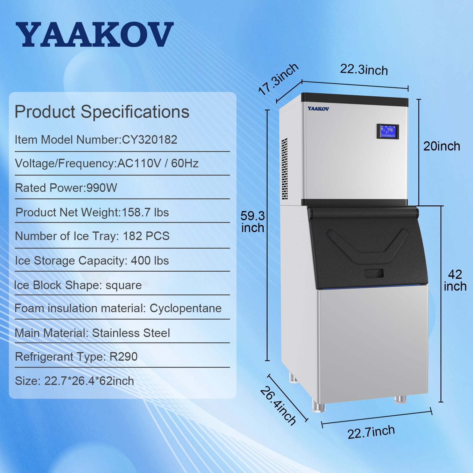 YAAKOV Commercial ice Machines 550LBS/24H Commercial ice Maker Machine with 400LBS Ice Maker Commercial
