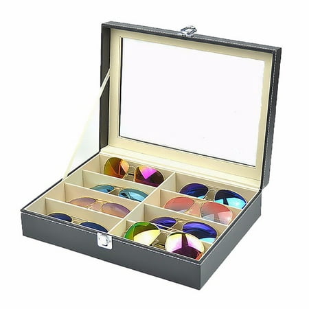 Leather Eyeglass Display Case for Oversized Sunglasses & Glasses Watch Organizer Collector Lockable Box