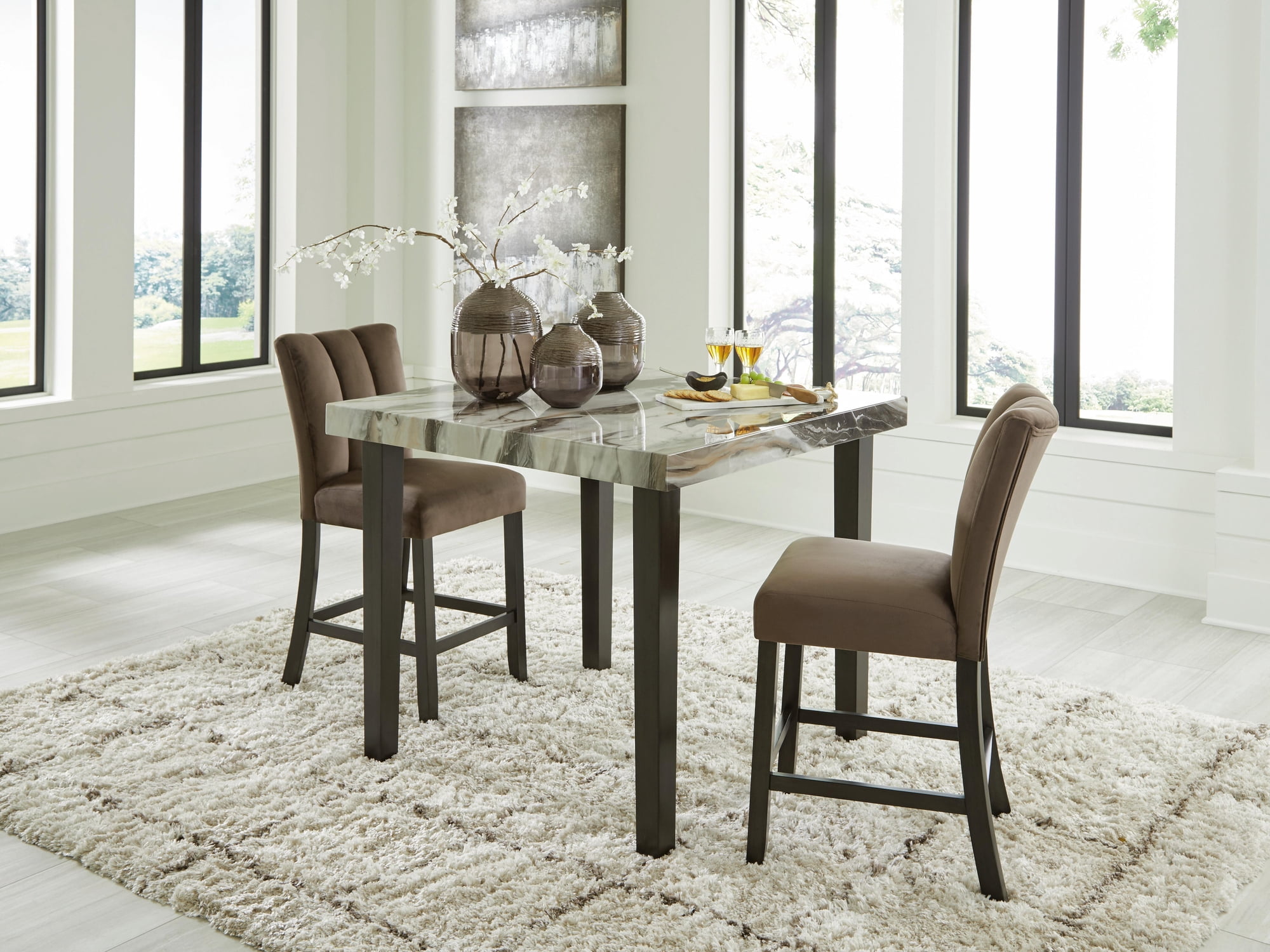 Signature Design by Ashley Zendalia Upholstered Counter Height Bar Stools - Set of 2, Mocha Brown Velvet with Channel Stitching