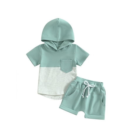 

Arvbitana Toddler Baby Boys Contrast Color Sportswear Outfits Short Sleeve Hooded T-shirt + Elastic Shorts Summer Children Clothes 2Pcs 0-3T