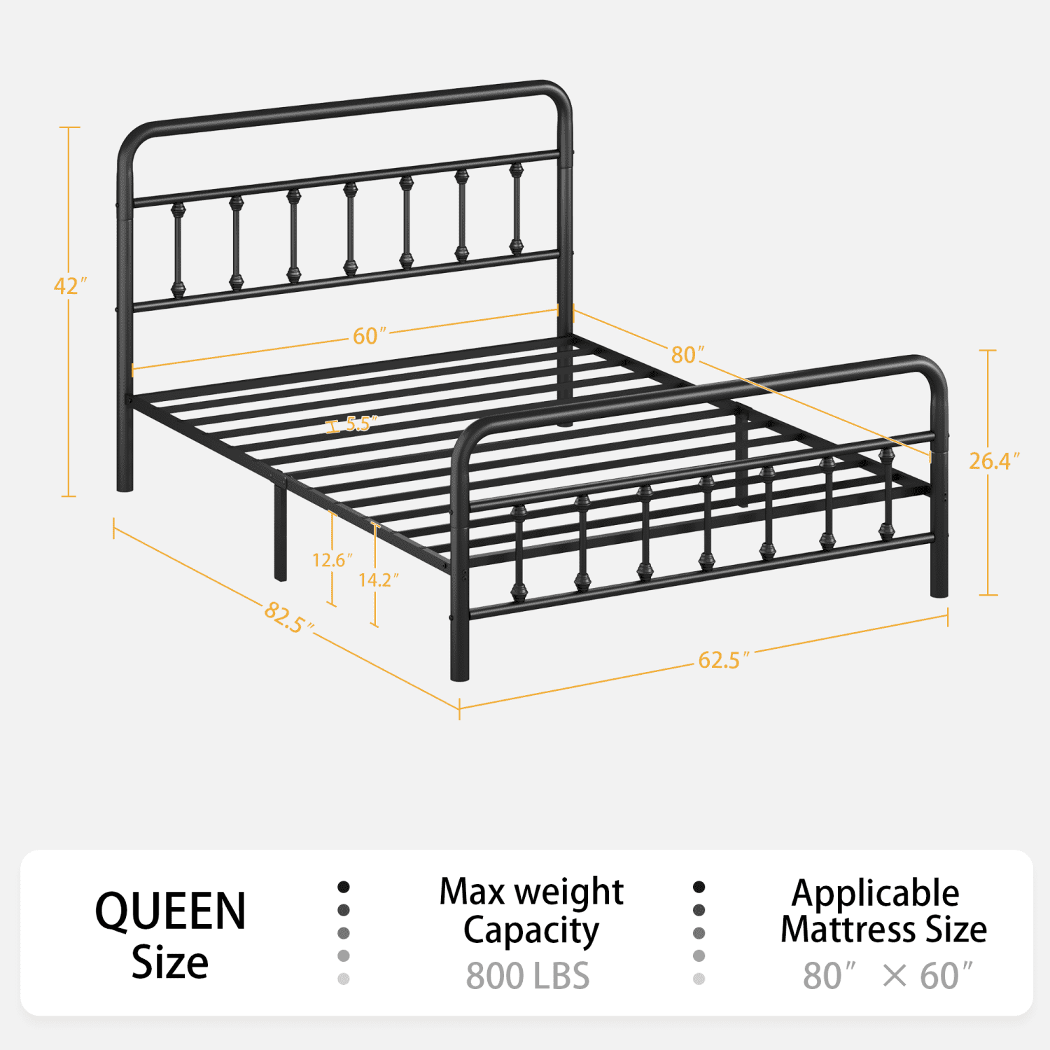 Youmumeub Queen Size Metal Platform Bed Frame with Headboard, Reinforced Sturdy Structure, Noise-Free, Ample Under Bed Storage, No Box Spring Needed, Black