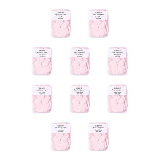 Toystoory Jabón Papel a mano Desechable Perfumado Limpieza portátil Rebanada para acampar Suministros para la piel Caja de baño Espuma Rosa rosada 10piezas