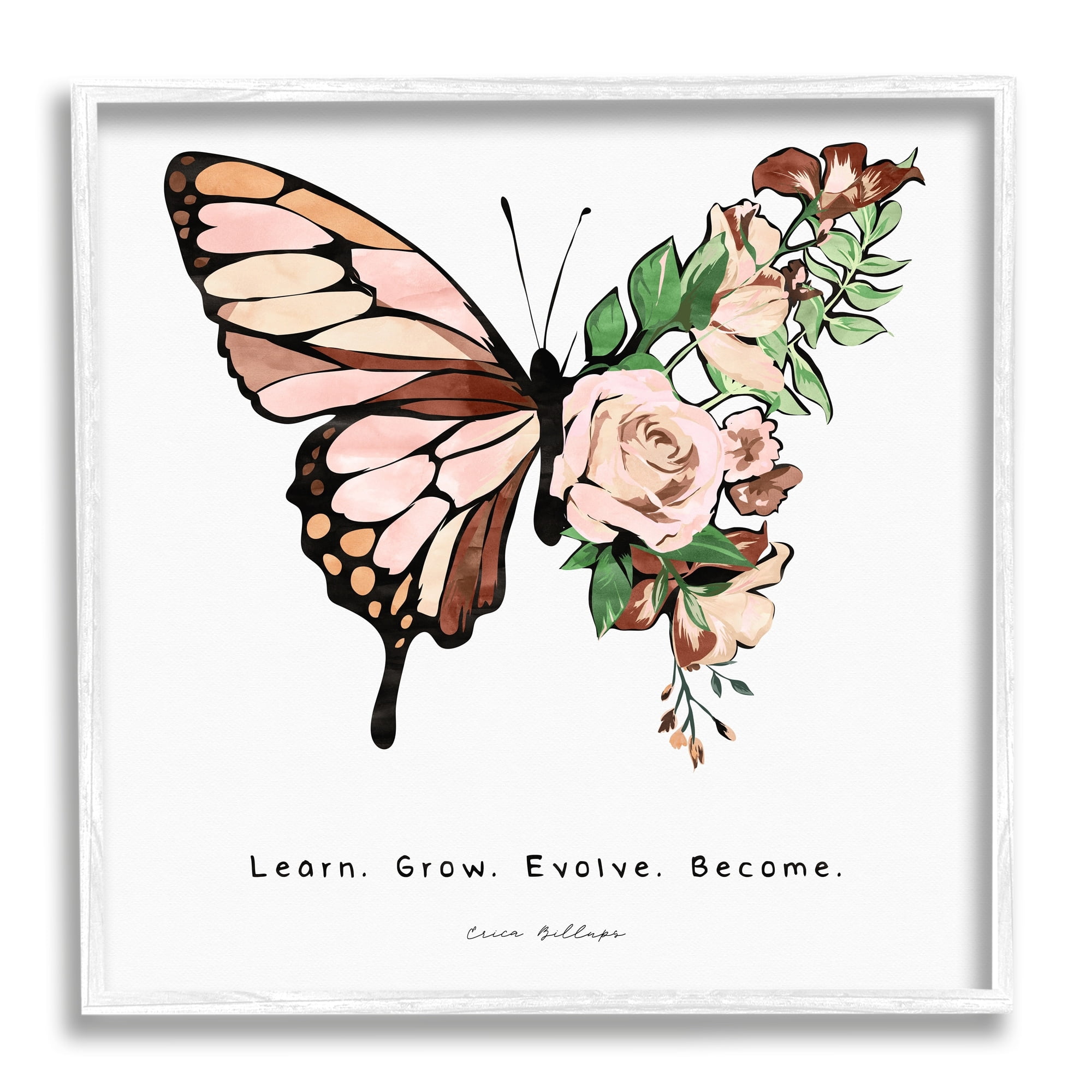 Stupell Industries Learn Grow Evolve Become Motivational Children's Diversity Butterfly Graphic Art White Framed Art Print Wall Art, 17x17, by Erica Billups