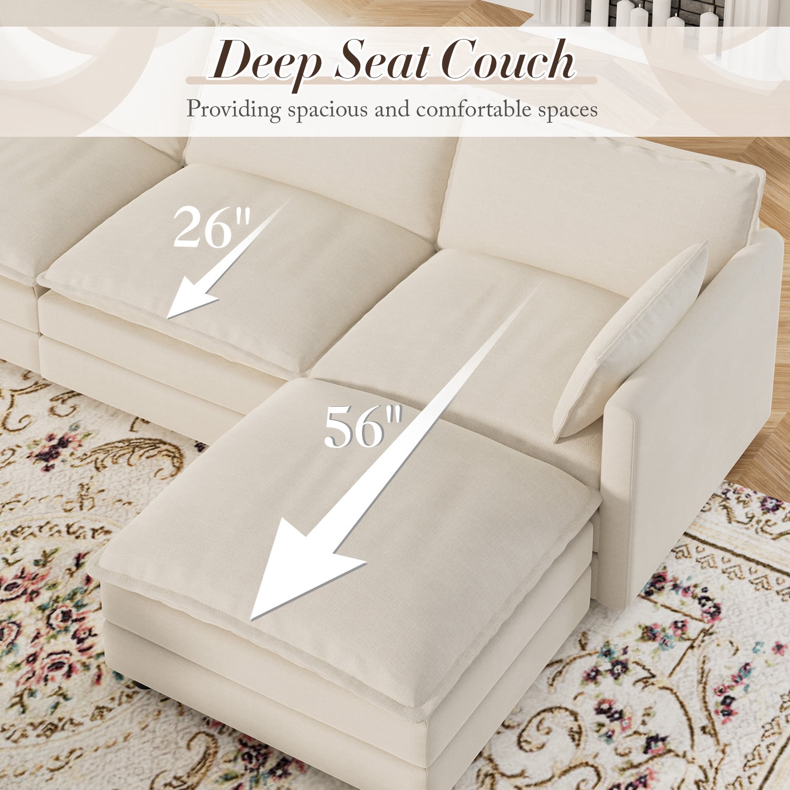 Muumblus Sectional Sofa Cloud Couch with Reversible Ottoman, L-Shaped Chenille Sofa for Living Rooms, Beige