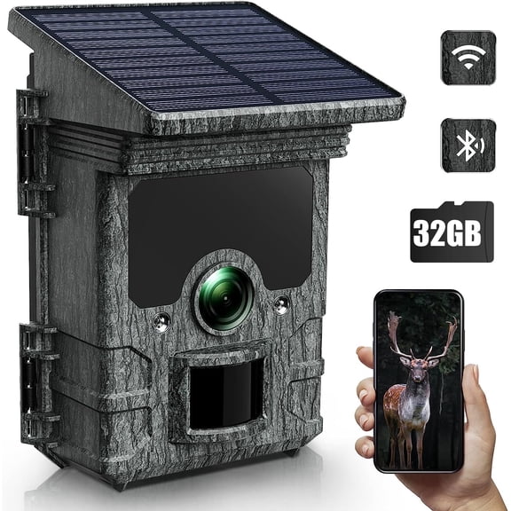 CAMPARK Solar Trail Camera with SD Card 46MP Native 4K 30fps WiFi Bluetooth Game Hunting Deer Camera with Loop Recording Night Vision Waterproof IP66 120°Wide-Angle 0.1s Trigger Time Trail Cam