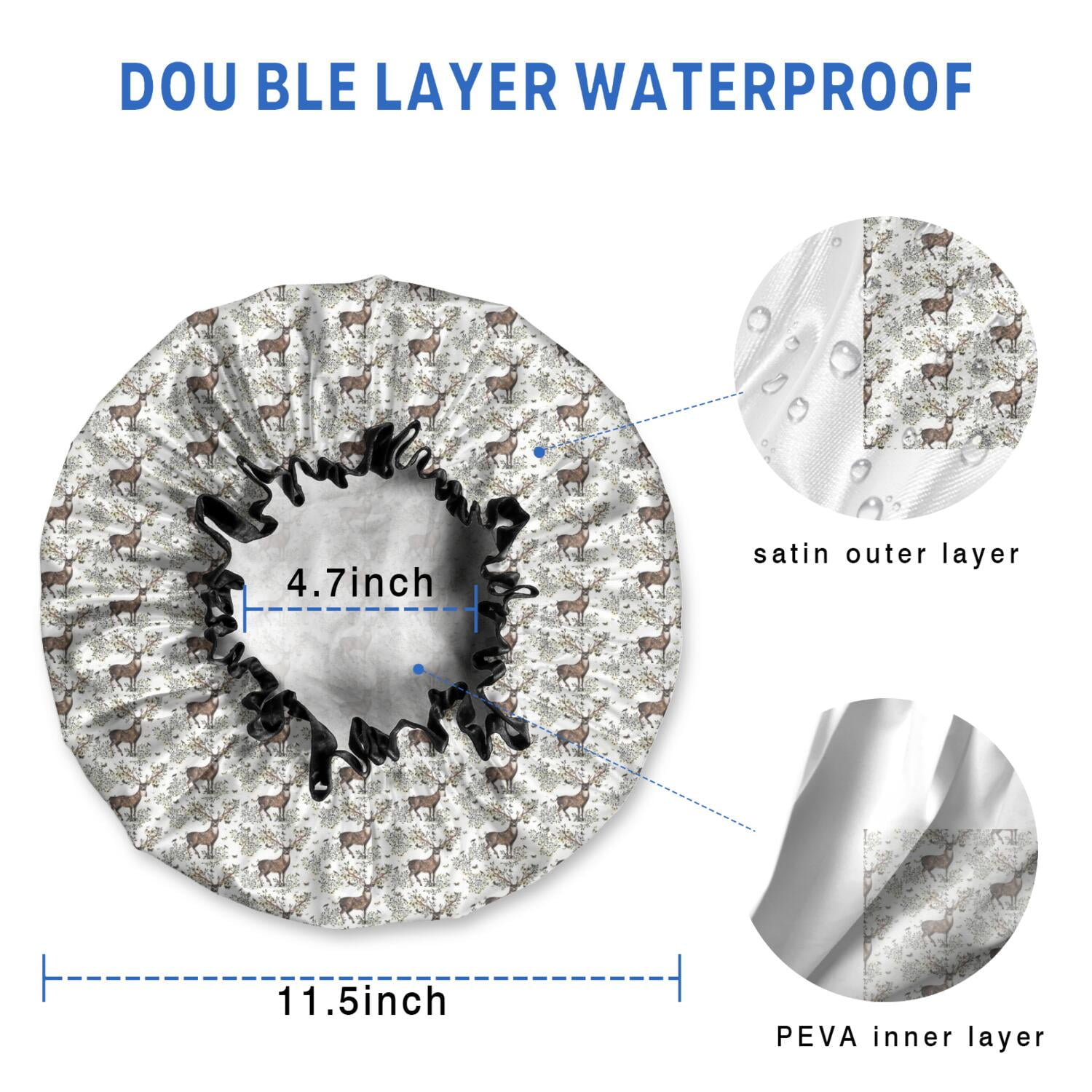 Shower Caps,Brown Christmas Deer Pattern Waterproof Shower Cap for Women 4 Pieces,Double Reusable Hair Cover for Shower PEVA Elastic Stretch Hem