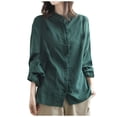 thumbnail image 3 of YUEHUA Women's Linen Blend Ruffle Trim Button Up Shirt, High Neck Long Sleeve Loose Fit Blouse, Vintage Style Casual Top, 3 of 6