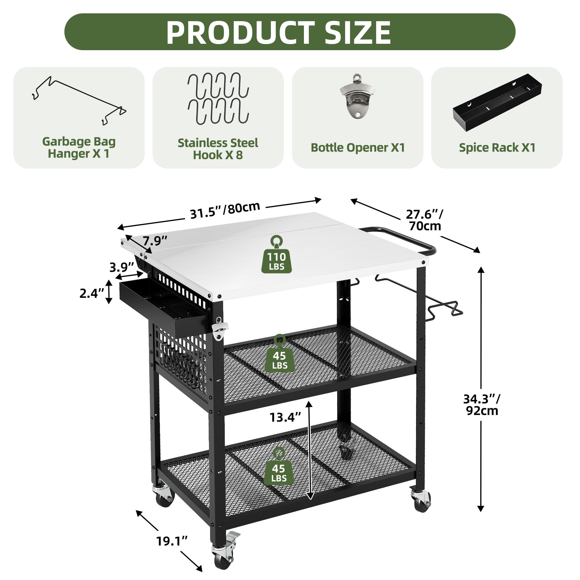 Uforic 3-Tier Grill Cart with Drop Leaf, Outdoor Island Table with Wheels & Hooks, Black