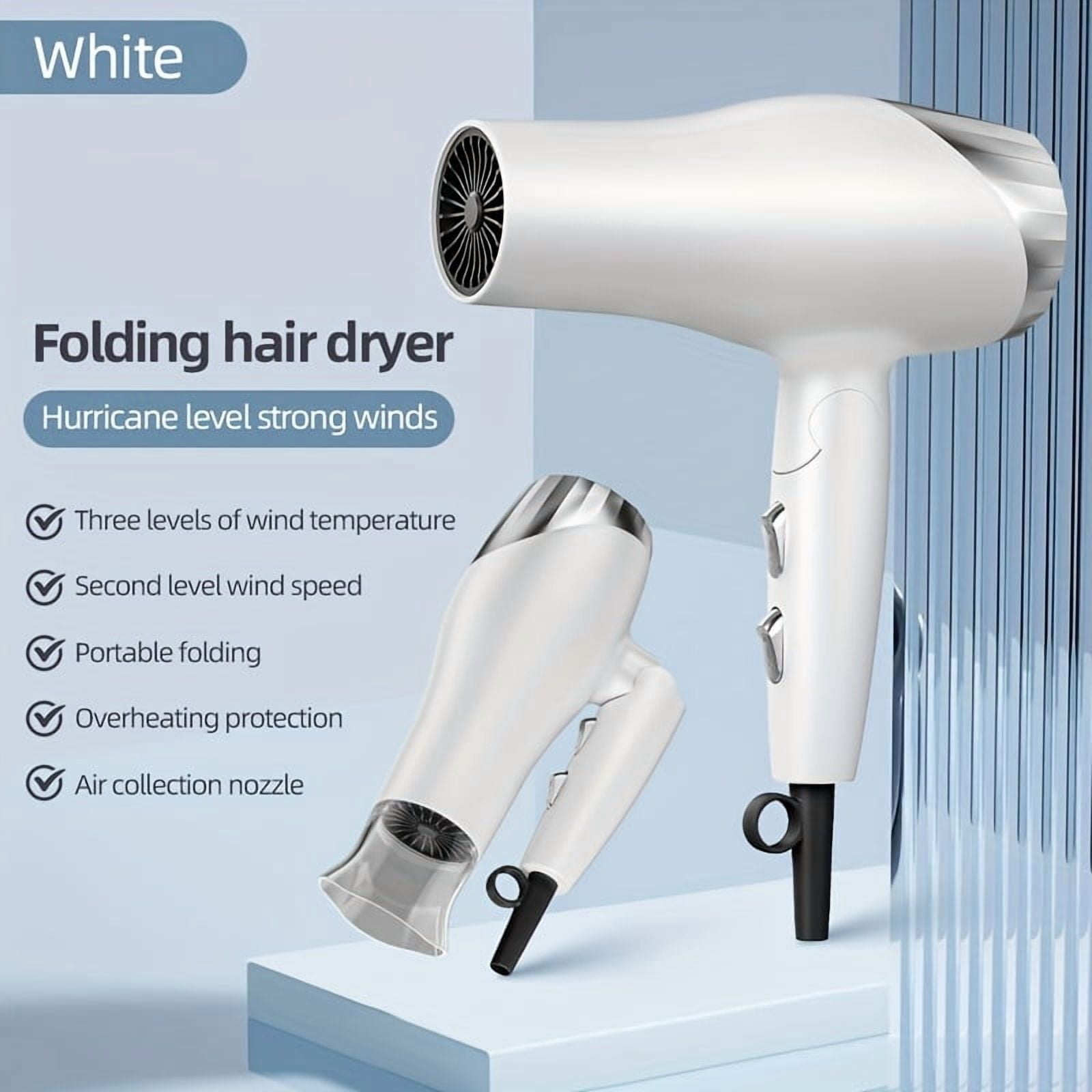 Foldable Hair Dryer with 8 Accessories | Compact Design for Home & Travel | Fast Drying Gift Set for Women/Men，White