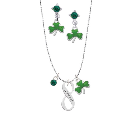 Delight Jewelry Silvertone John 3:16 Infinity Sign Green Shamrock Necklace and Clover Earrings Jewelry Set