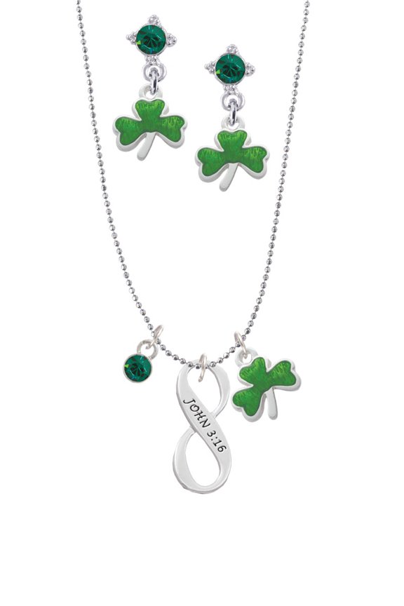 Silvertone John 3:16 Infinity Sign Green Shamrock Necklace and Clover Earrings Jewelry Set
