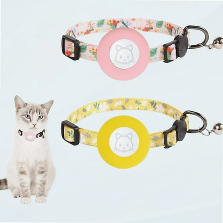 2Pcs AirTag Cat Collar, Adjustable GPS Cat Collar with Apple Air Tag Holder and Bell, Breakaway Airtag Cat Collar, Tracker Cat Collars for Girl Boy Cats, Kittens, Puppies (Flowers)