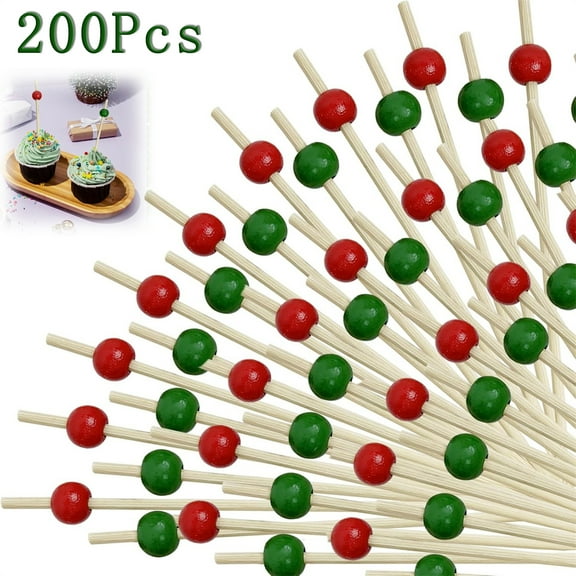 Tutuviw Cocktail Picks 200 Pcs 4.7 Inch Fancy Toothpicks for Appetizers Pearl Cocktail Picks Bamboo Toothpicks for Christmas Party Wedding Charcuterie Boards Drink Fruit(Green/Red)