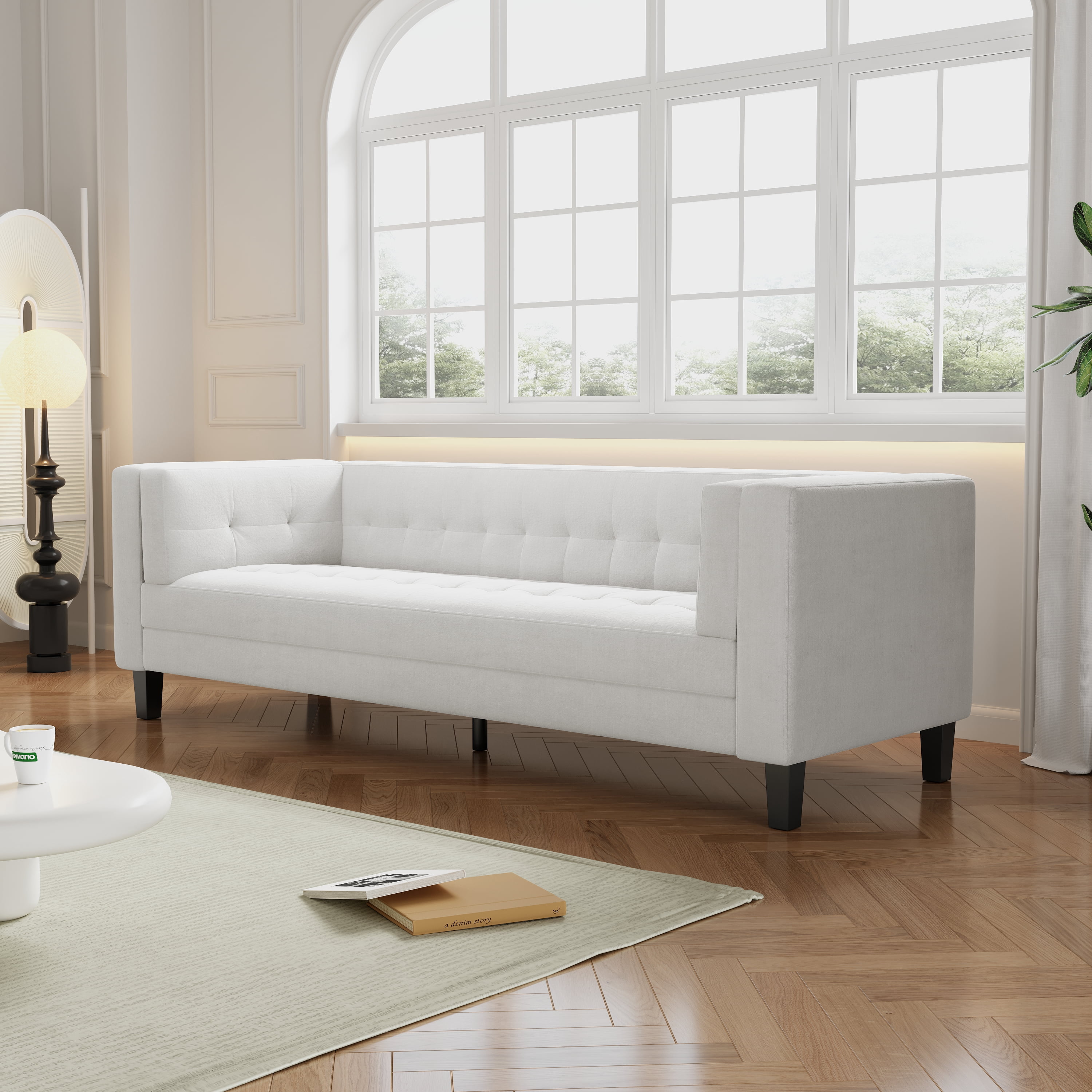 Miniyam 90 in Classic 3-Seater Sofa Modern Solid Print Velvet Tufted Coach, Ivory White