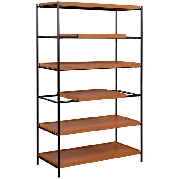 5 Tier Wooden Bookshelf with Open Metal Frame, Oak Brown and Black