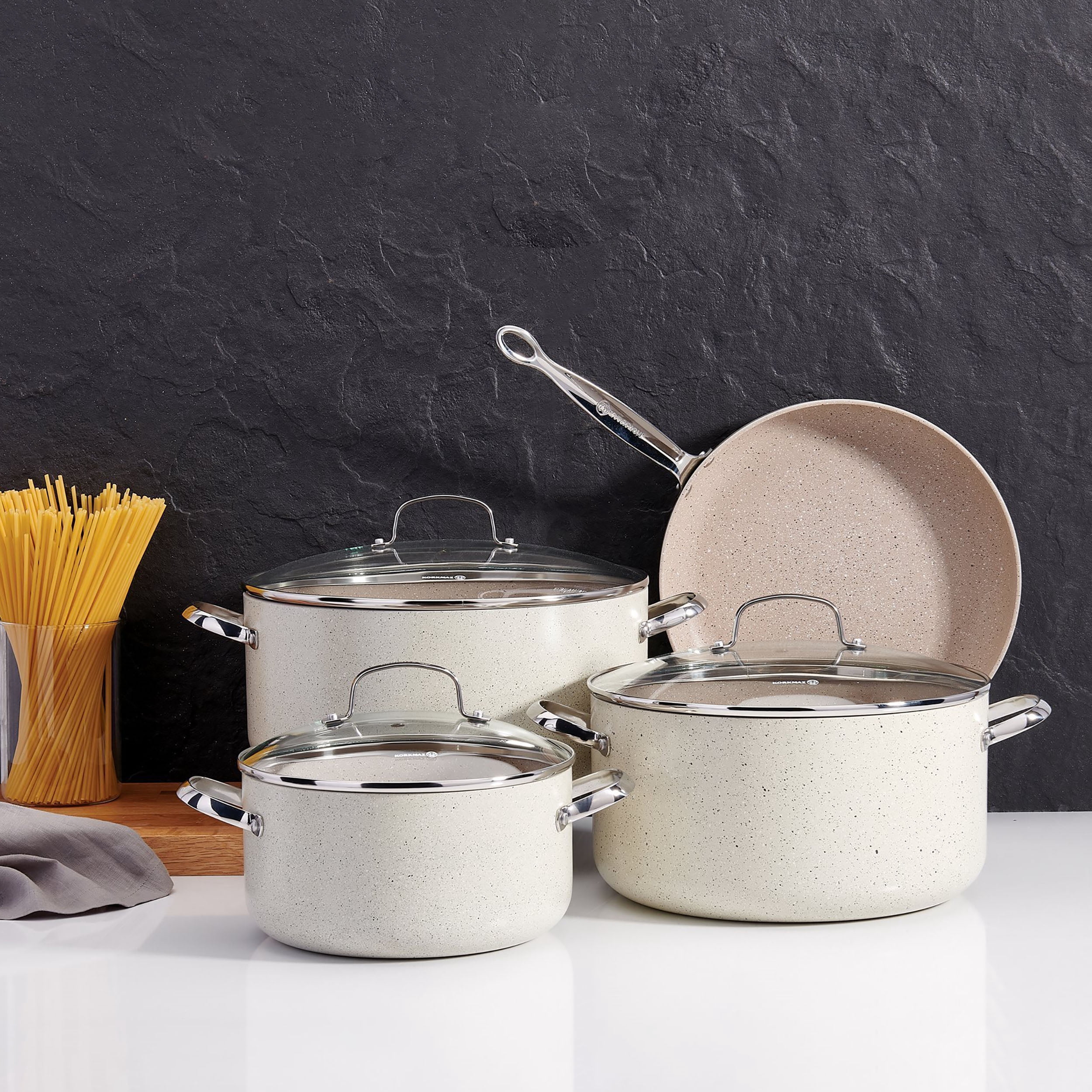 Korkmaz Granita 8 Liter Aluminum Nonstick Casserole with Lid in Tan