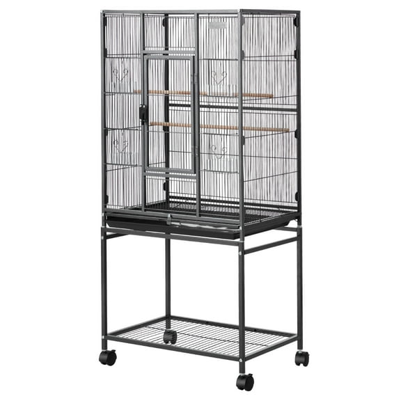 KFFKFF Spacious Bird Cage, 24.6 x 16.7 x 53.9 inch, Flat Top Design, Durable Wrought Iron Construction with Perches, Removable Tray, Feeders, and Wheels, Suitable for Parrots, Blue Tits, Cockatiels