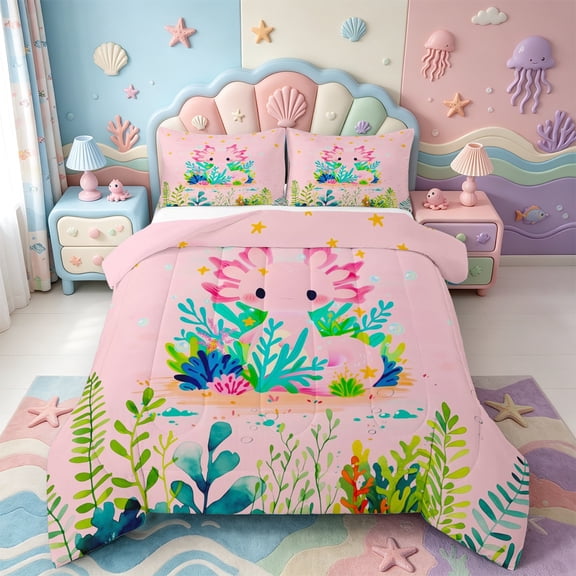 Manfei Sealife Axolotl Full Size Comforter Sets,Kawaii Ocean Animal Bedding Comforter Set,Pink Reversible,3-Piece,1 Comforter and 2 Pillowcases