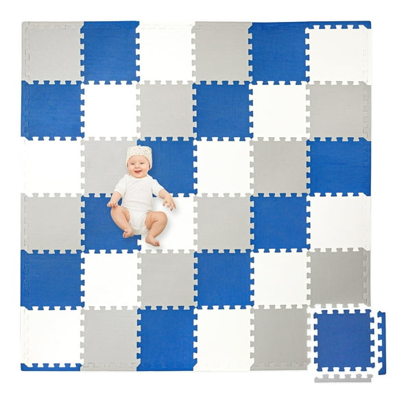 Play Platoon Non-Toxic Foam Puzzle Floor Mat, Comfortable, Extra Thick, Cushiony Exercise and Play Mat for Toddlers, Kids & Adults, 36 Tiles (12"x12"), Grey/Cream/Navy