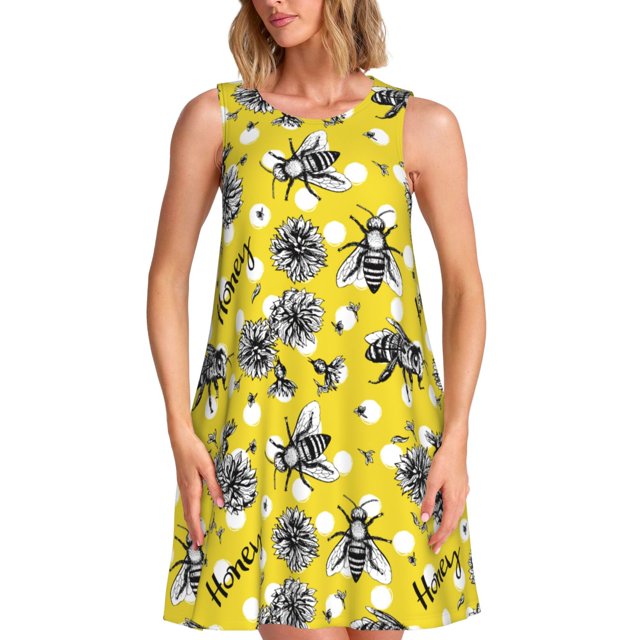 Fotbe Honeybee Vestido de Verano sin Mangas para Mujer – Vestido Midi Línea A, Estilo Camiseta Floral, Vestido Playero Casual y Fluido