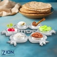 thumbnail image 2 of Zion Judaica Artistic Passover Seder Plate Pomegranate Shape Seder Tray Shiny Silver Aluminum with 6 Glass Liners/Dishes Marked with the Names of Symbolic Pesach Foods Passover Plate Decor, 2 of 7