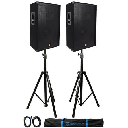 (2) Rockville RSG15 15” 3-Way 1500 Watt 8-Ohm DJ PA Speaker +Stands