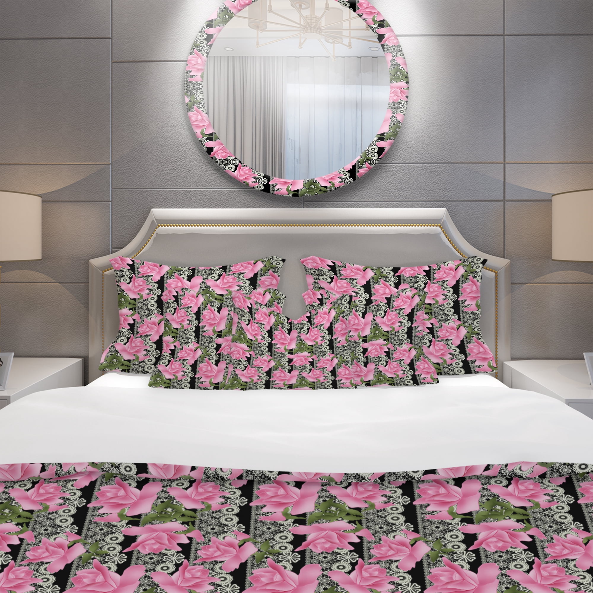 Designart 'Black Lacy Roses Pattern' Bohemian & Eclectic Duvet Cover Set