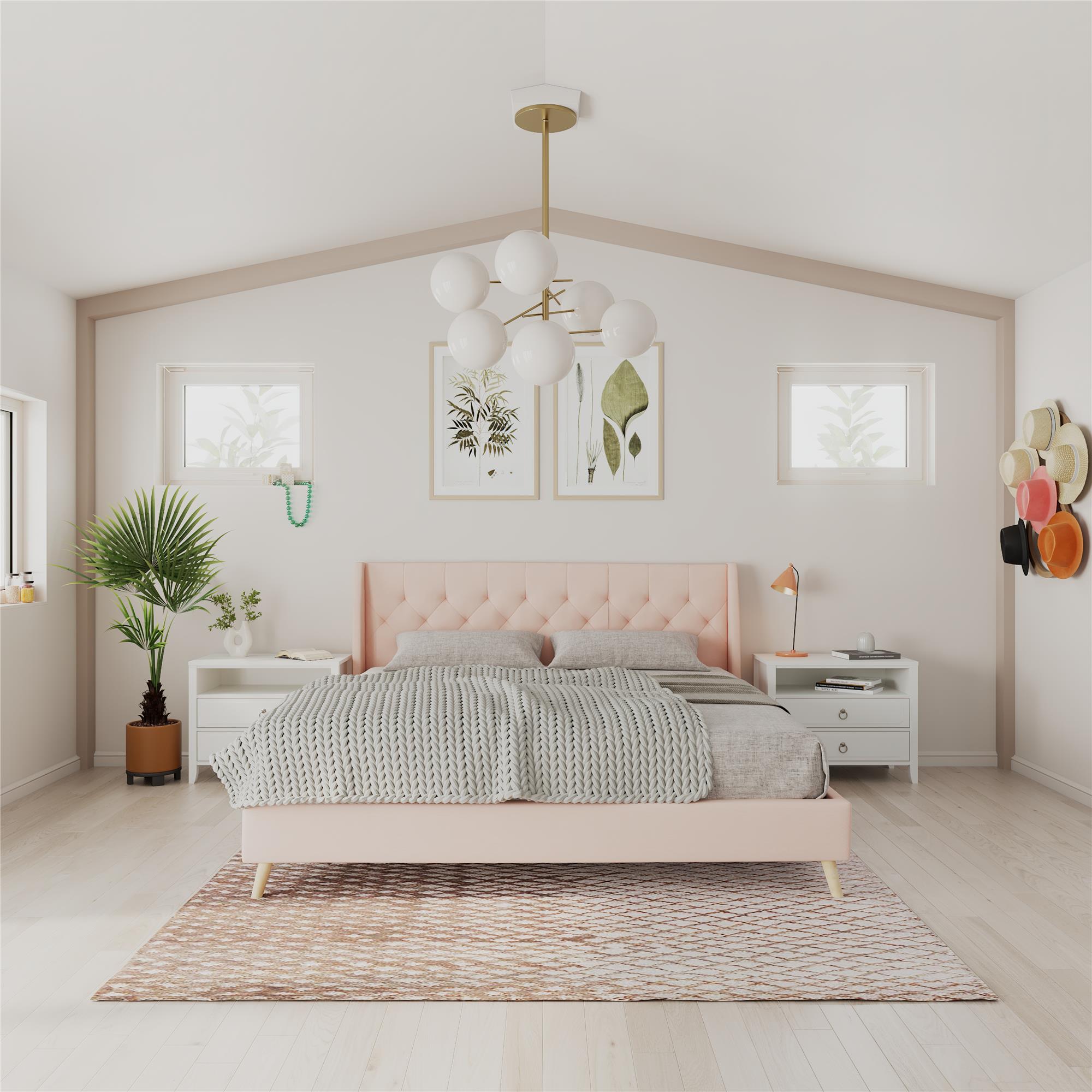 Novogratz Her Majesty Tufted Upholstered Bed Frame, King, Pink Linen