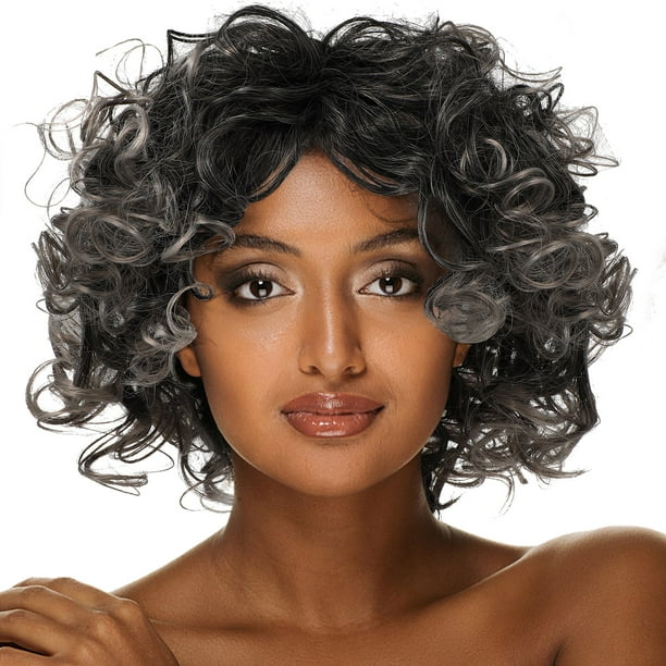 Nuevas y elegantes pelucas afro rizadas para mujer, línea de cabello natural, peluca mixta negra, gris plateado, postizo sintético